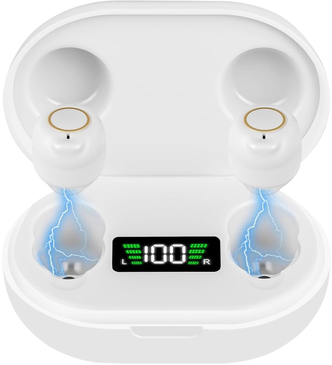 Geluidsversterker, oplaadbare geluidsversterker, ruisonderdrukking, USB-laadstation, opbergdoos, ergonomische pasvorm, draadloze hoofdtelefoon, wit (2 stuks)