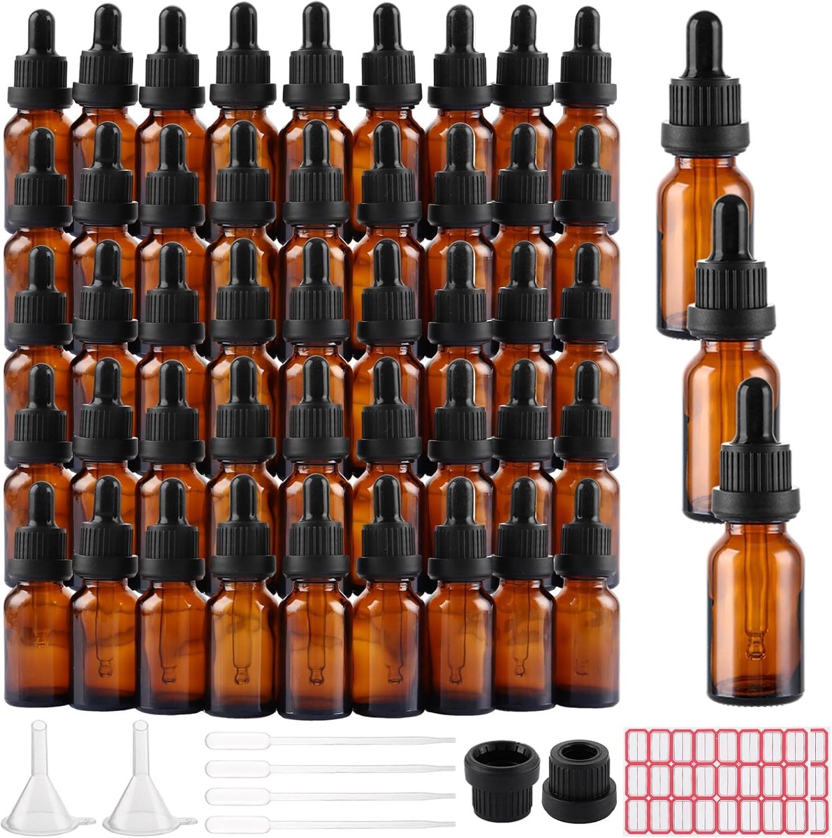 Set van 48 amberkleurige glazen druppelflesjes van 15 ml met pipet voor etherische olie, geuroliën, aromatherapie, parfums, vloeistoffen