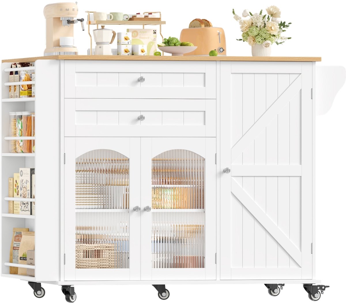 Keukeniland – Voor Keuken en Eetkamer – Op Wielen met Opvouwbaar Werkblad en Handdoekhouder – Wit / Getone 132x40x97,5cm