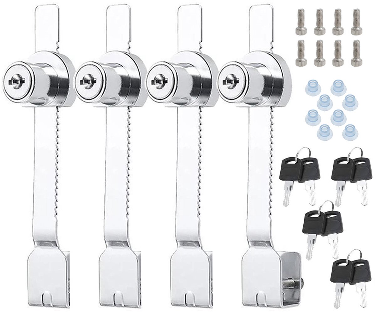 Tandwielslot - 4-delige set - Slot met lange tong - Slot voor glazen containers - Schijfslot - Meubelslot - Eén slot, twee sleutels - Geschikt voor schuifdeuren, glazen containers, vitrines, winkelramen en kasten - Inclusief 8 sleutels