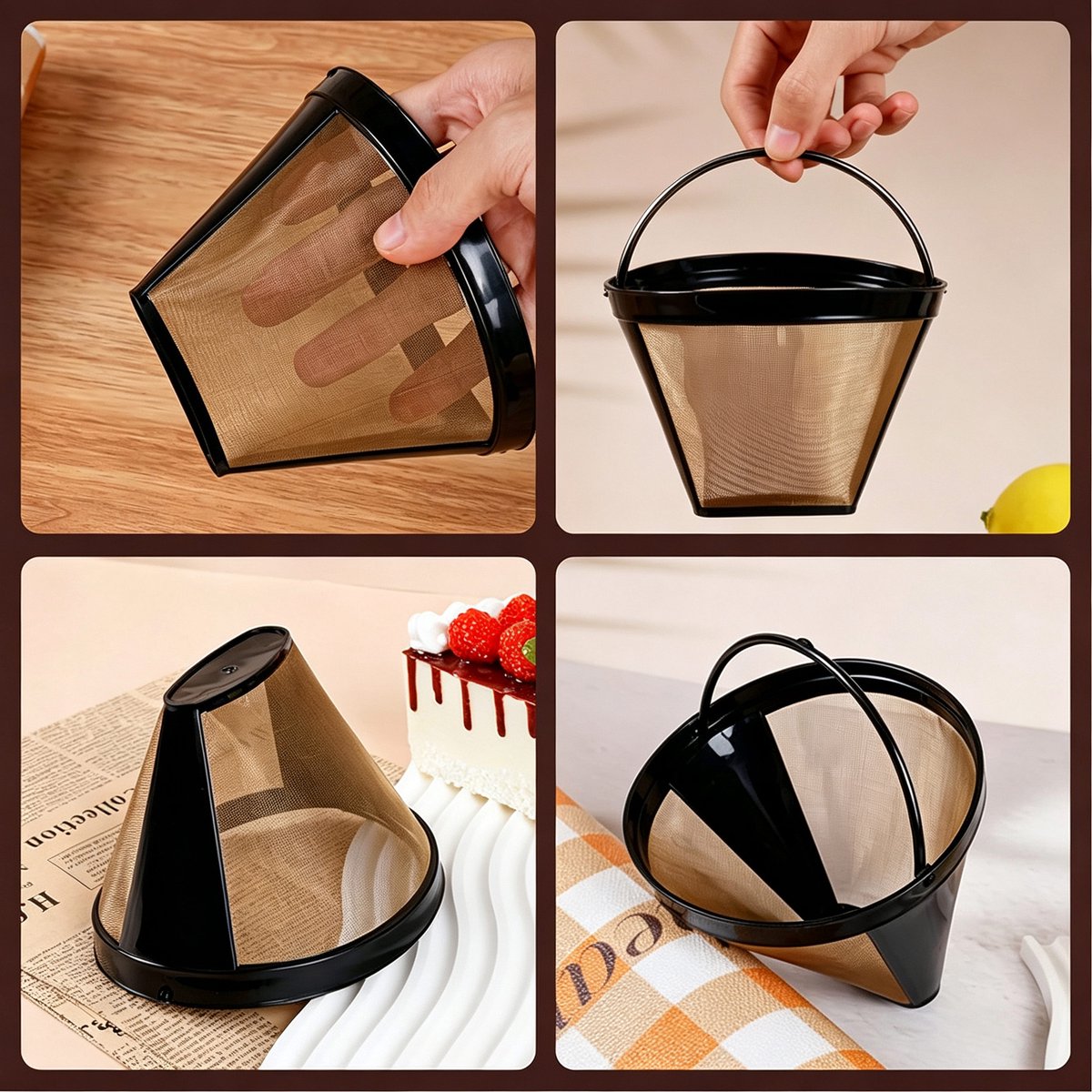 Kaiyaya - Herbruikbare Koffiefilter Set van 2 Stuks - 100 Mesh, RVS Goud - Fijnmazig, Vaatwasserbestendig - voor Koffiezetten, Milieu, Dagelijks - 2 Stuks — cadeau in Kookcadeaus - foto 6