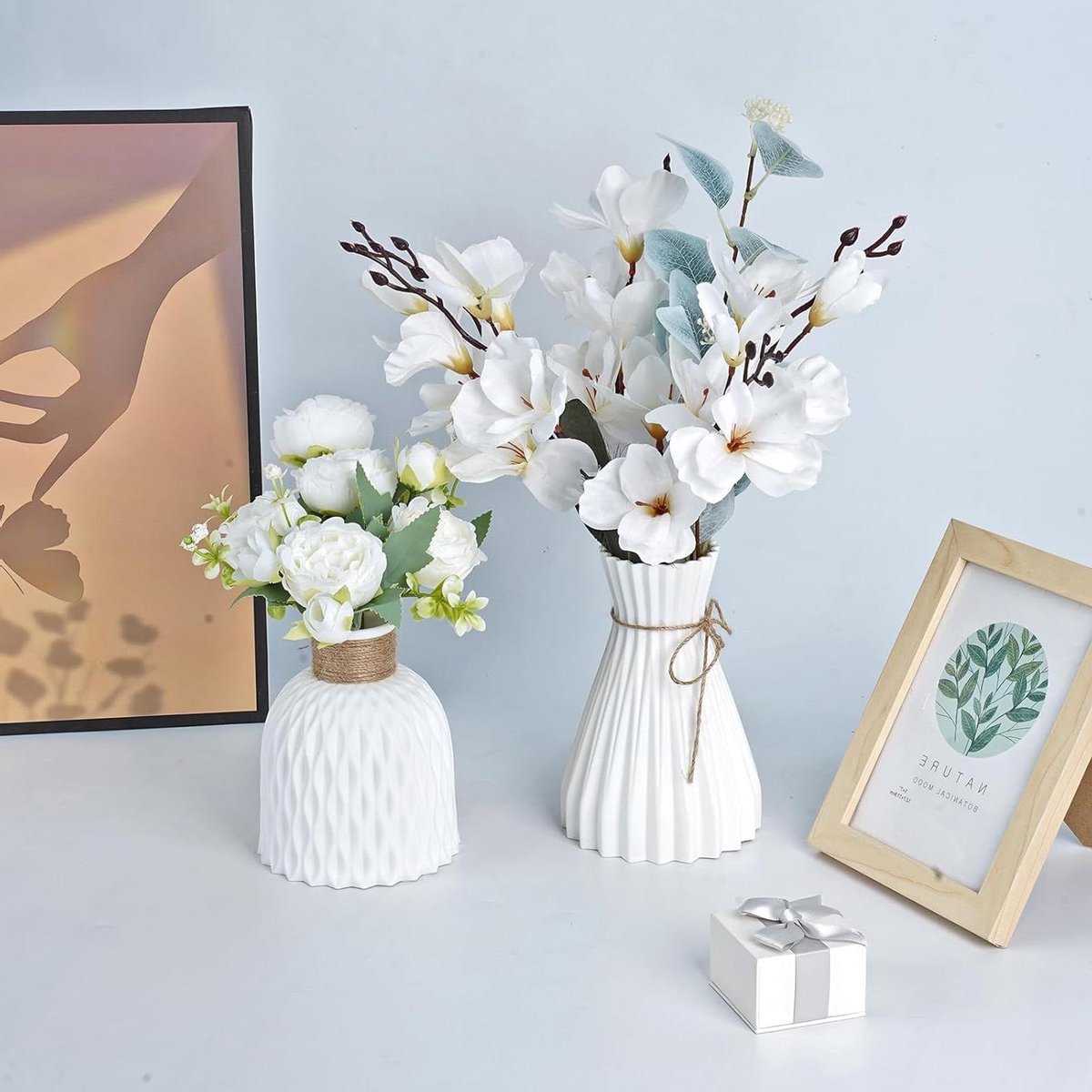 Kunststof Vazen Set - Moderne Bloemenvazen - Woonkamer Decoratie - Gestructureerd Design - 2 Stuks - Wit Mat