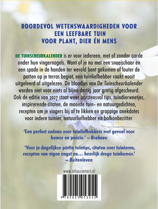 Achterkant De Tuinscheurkalender 2027, boordevol wetenswaardigheden voor een leefbare tuin voor plant, dier én mens. Met citaten en tips.