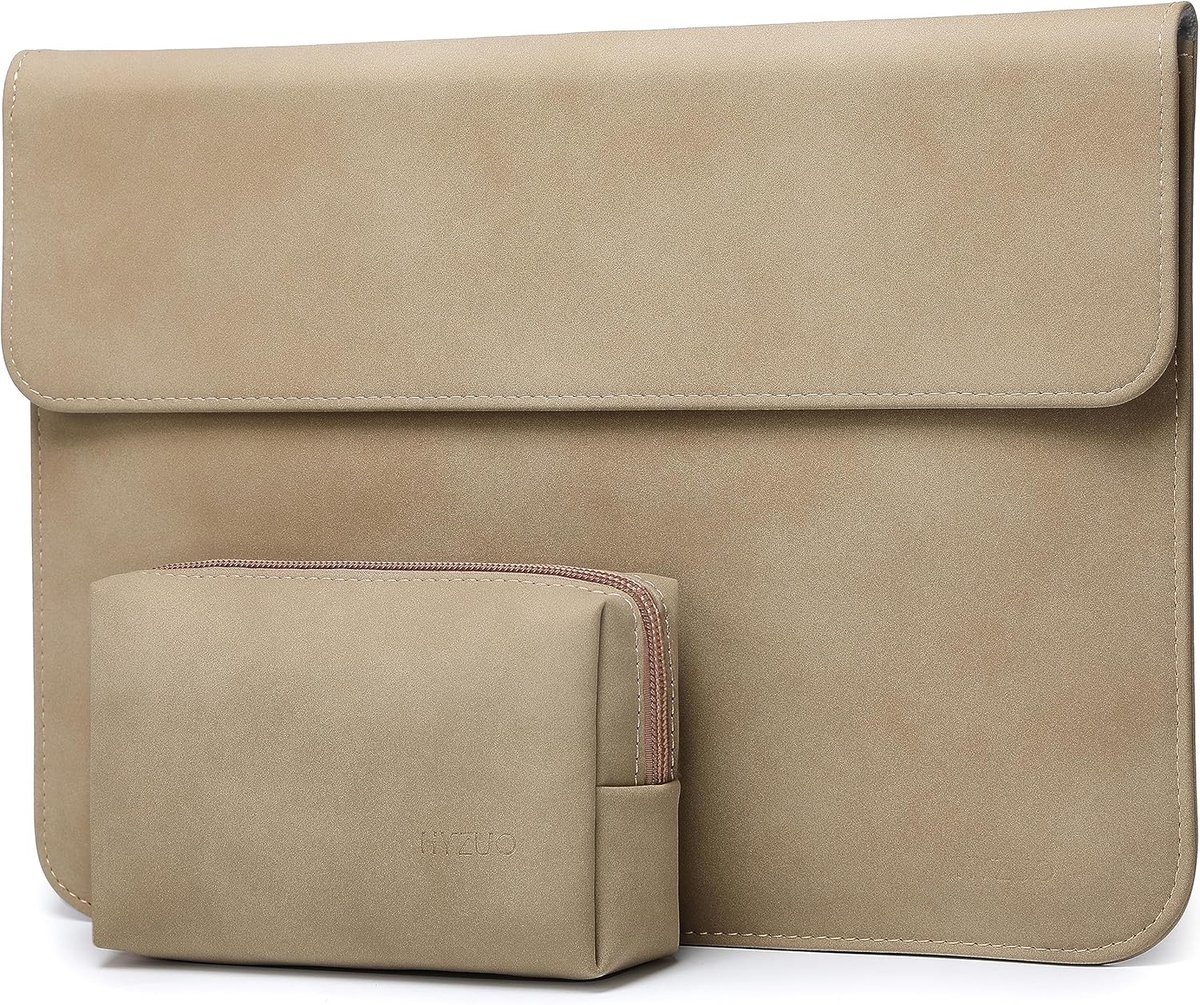 SnelShoppen - Laptop Sleeve 13 Inch voor MacBook Air Pro, iPad Pro/Air, Surface Pro - Faux Leer, Khaki-H, Inclusief Kleine Pocket - Perfecte Beschermi
