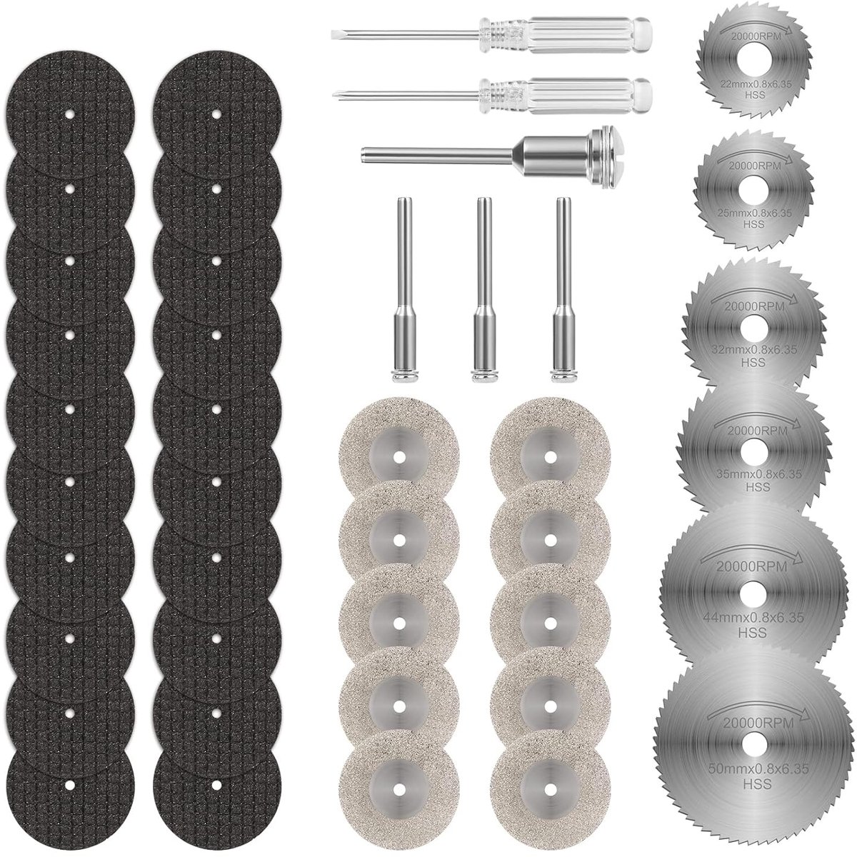 SnelShoppen - 36-delige Set Mini HSS Cirkelzaagbladen met 20 Resin, 10 Lubricant Bladen, 6 HSS Bladen, 5 SC Spindels en 2 Schroevendraaiers voor Hout,