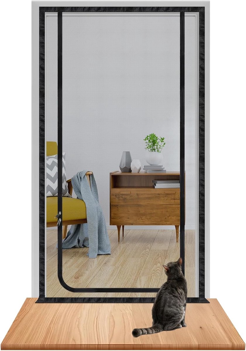 SnelShoppen - DBREAKS Kattennet voor Balkon, Kattenrooster met Rits, Dierenbeschermingsnet voor Deur, Kattenbescherming Zonder Boren (90cm x 200cm)