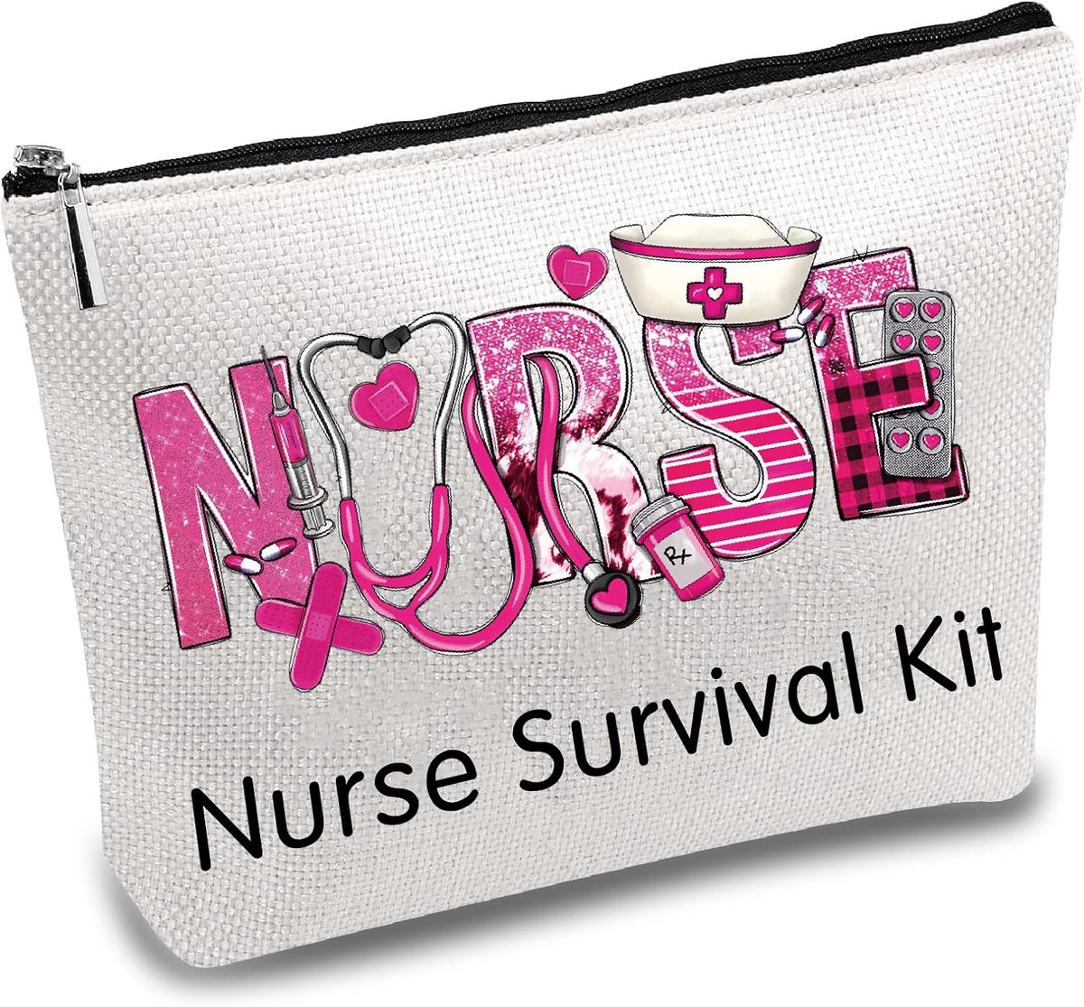 SnelShoppen - Pink Nurse Survival Kit Canvas Makeup Bag - Cosmetica Toilettas met Metaalrits voor Verpleegkundige - Polycotton Reistas - Perfect Cadea
