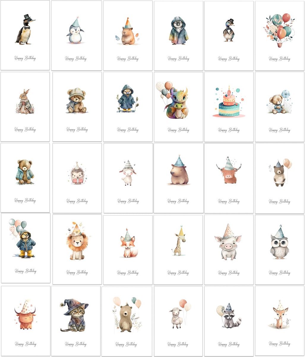 SnelShoppen - 30 Assortiment Verjaardagskaarten met Enveloppen - Kleurrijke Wenskaarten voor Volwassenen, Kinderen en Algemeen Gebruik - Watercolor St