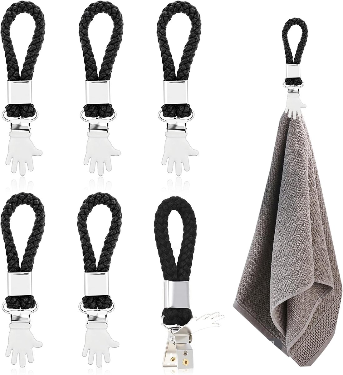 SnelShoppen - Towel Clips 6 Stuks - Zwarte Handdoek Hangers met Lussen - Duurzaam Katoen en Roestvrij Staal - Ideaal voor Keuken, Badkamer en Camping