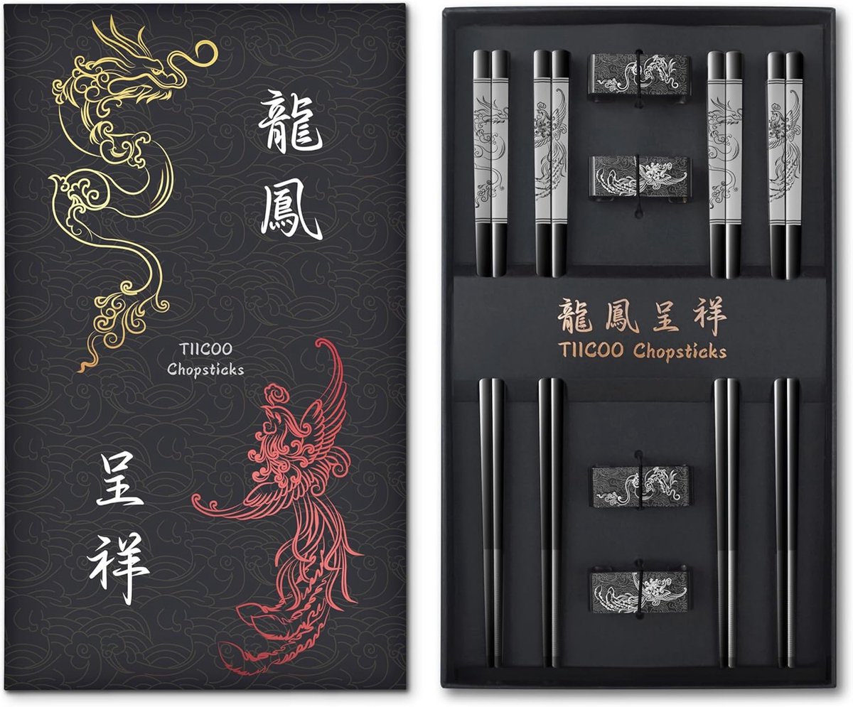 SnelShoppen - Herbruikbare Metalen Chopsticks Set - 18/8 RVS met Draak en Feniks Patroon - 4 Paar Zwart met Houder - Traditioneel Chinees Keukenaccess