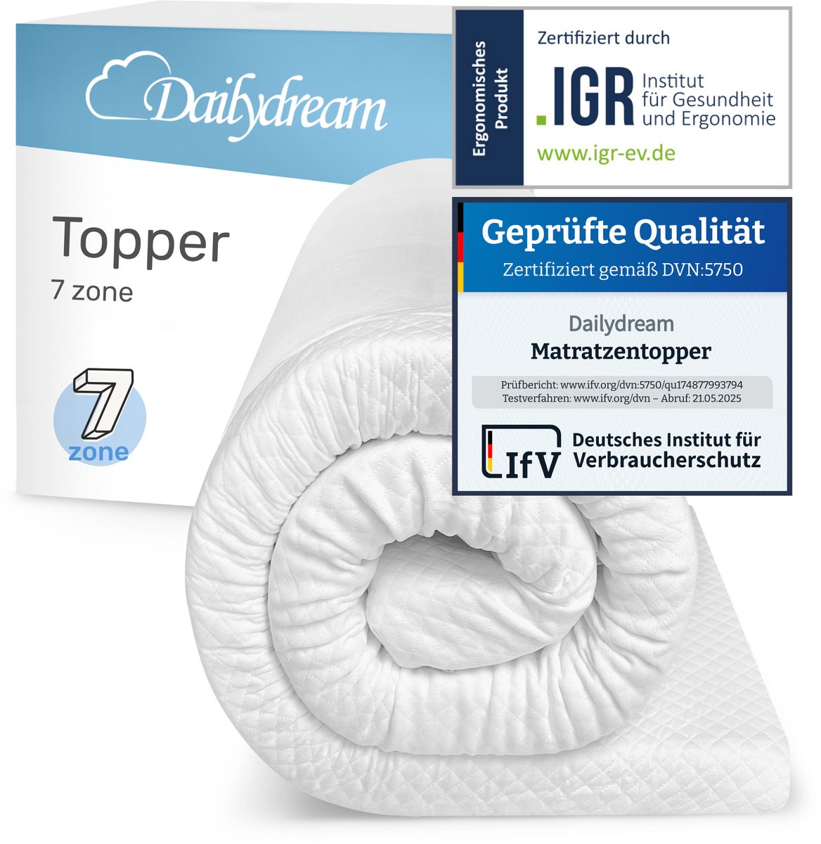 Dailydream - Koudschuim topper - matrastopper 7 zones - 180x200cm - comfortschuim - 6cm dik
