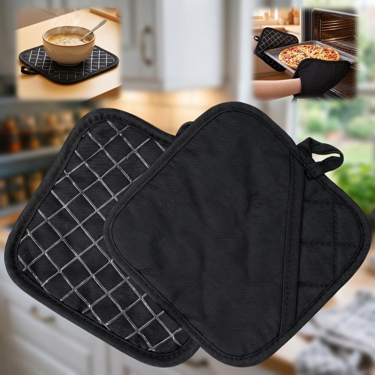 SnelShoppen - Hittebestendige Pannenlappen Katoen Set van 2 Stuks 17 x 17 cm Zwart voor Keuken, Bakken en Ovengebruik