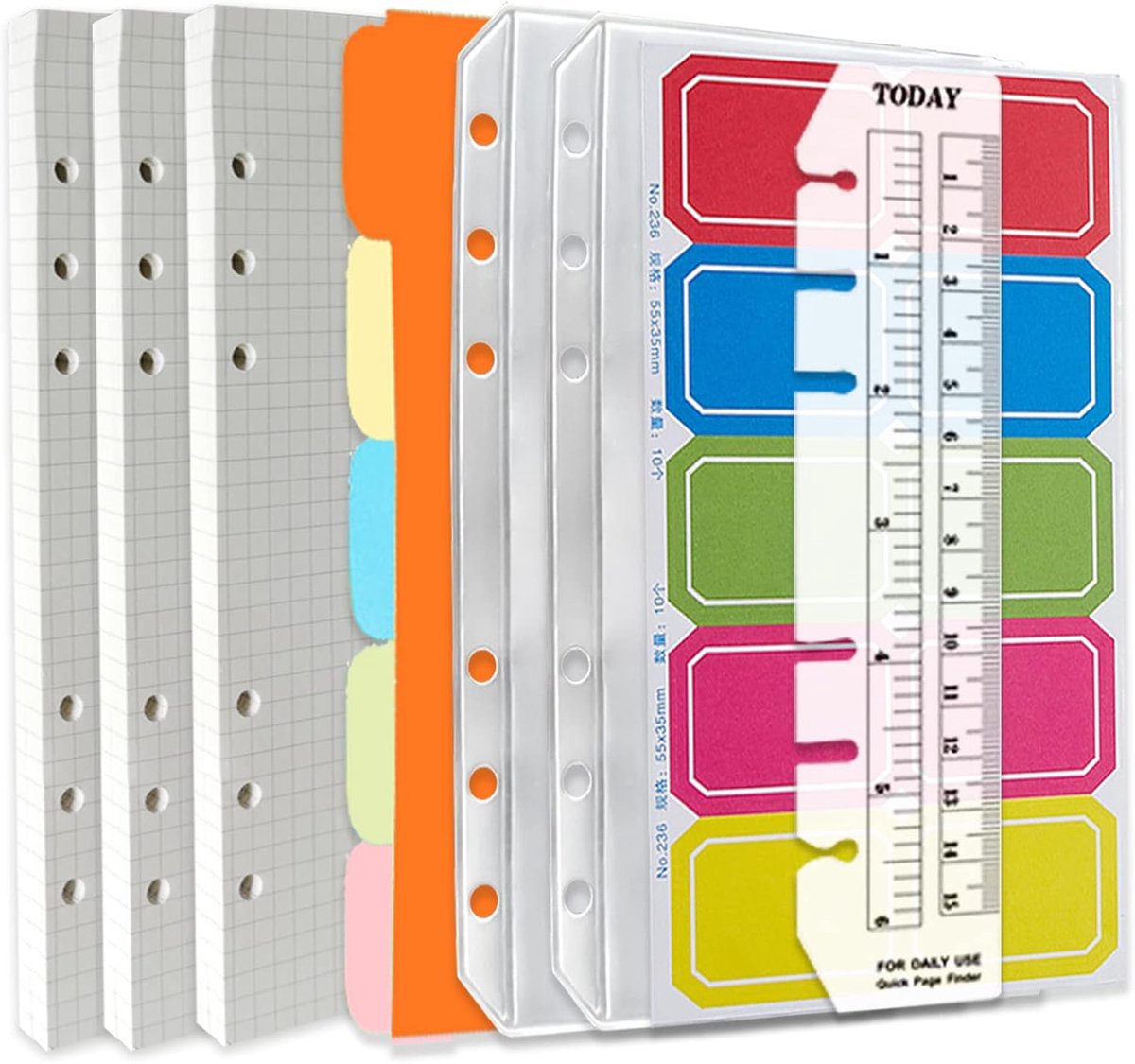 SnelShoppen - A6 6-Hole Refill Set - 135 Bladen Grafiekpapier + 2 Ritszakken + 5 Kleurige Dividers + Index Tabs + Liniaal voor Filofax A6