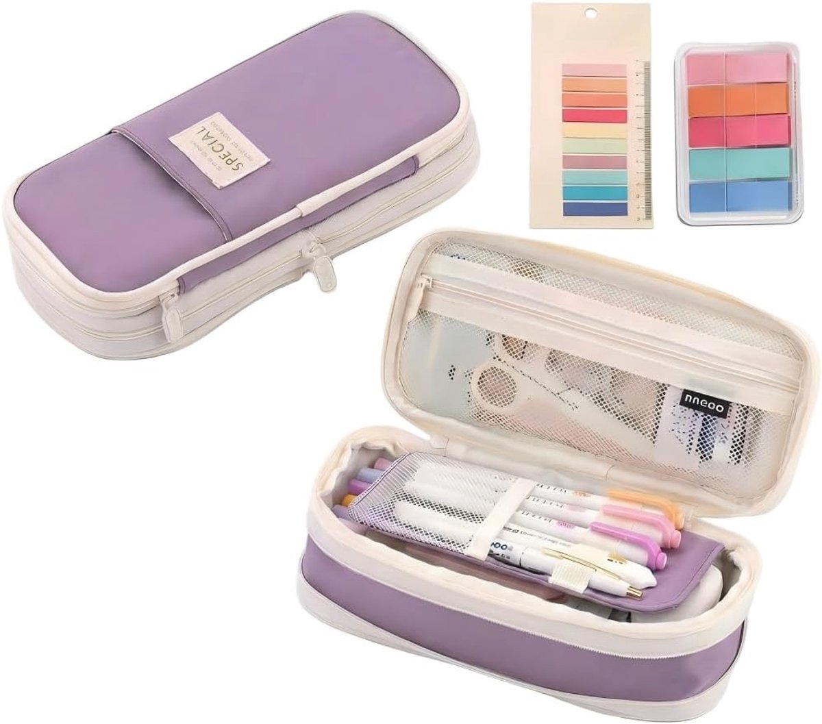 SnelShoppen - Grote Capaciteit Pennen Etui met 2 Heftnotities, Robuuste Aesthetic Pennenhouder voor School en Kantoor, Lilac, Ideaal voor Meisjes en T
