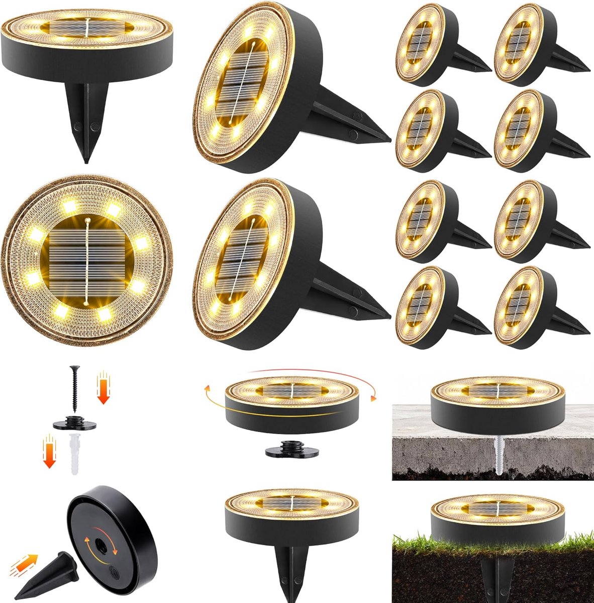 SnelShoppen - 2-in-1 Solar Ground Lights voor Buiten, 3000K Warm Wit, 8 LED Tuin Lampen, Waterdicht, Perfect voor Pad, Gazon, Terras - 12 Stuks