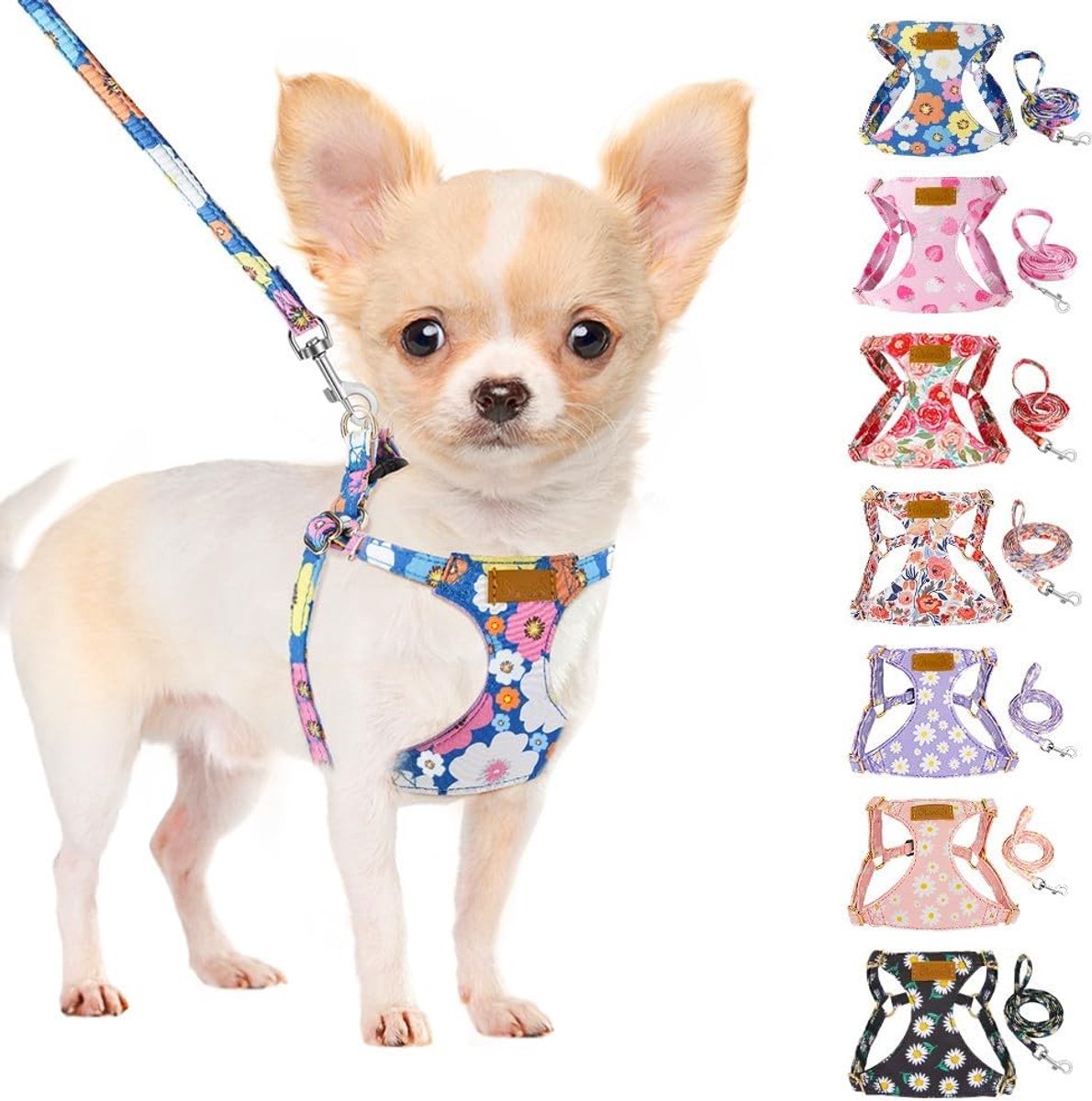 SnelShoppen - Puppy Harnas met Leash, Geen Trek Lichte Zachte Suède Harnas met Bloemenpatroon en Klikgesp, Verstelbaar voor Kleine en Middelgrote Hond
