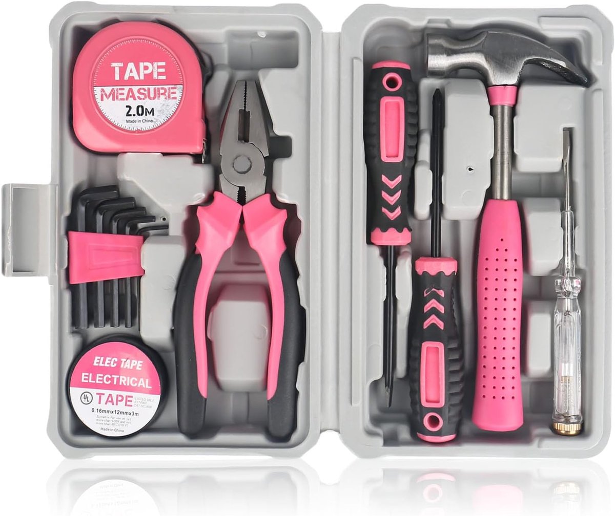 Thijox - 12-delige roze gereedschapsset voor dames - Huishoudelijke DIY gereedschappen voor thuis, kantoor en snelle reparaties - Compacte starterset