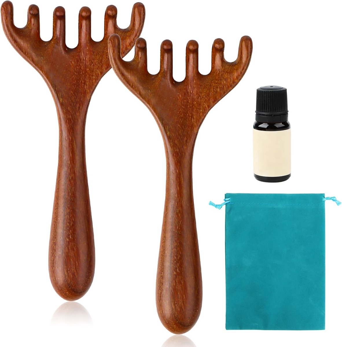 SnelShoppen - Head Massager, Zes Klauw Massage Kam, Natuurlijke Handgemaakte Hoofdmassage Kam Set met Opslagtas, Essentiële Mugwort Olie en Acupunctuu