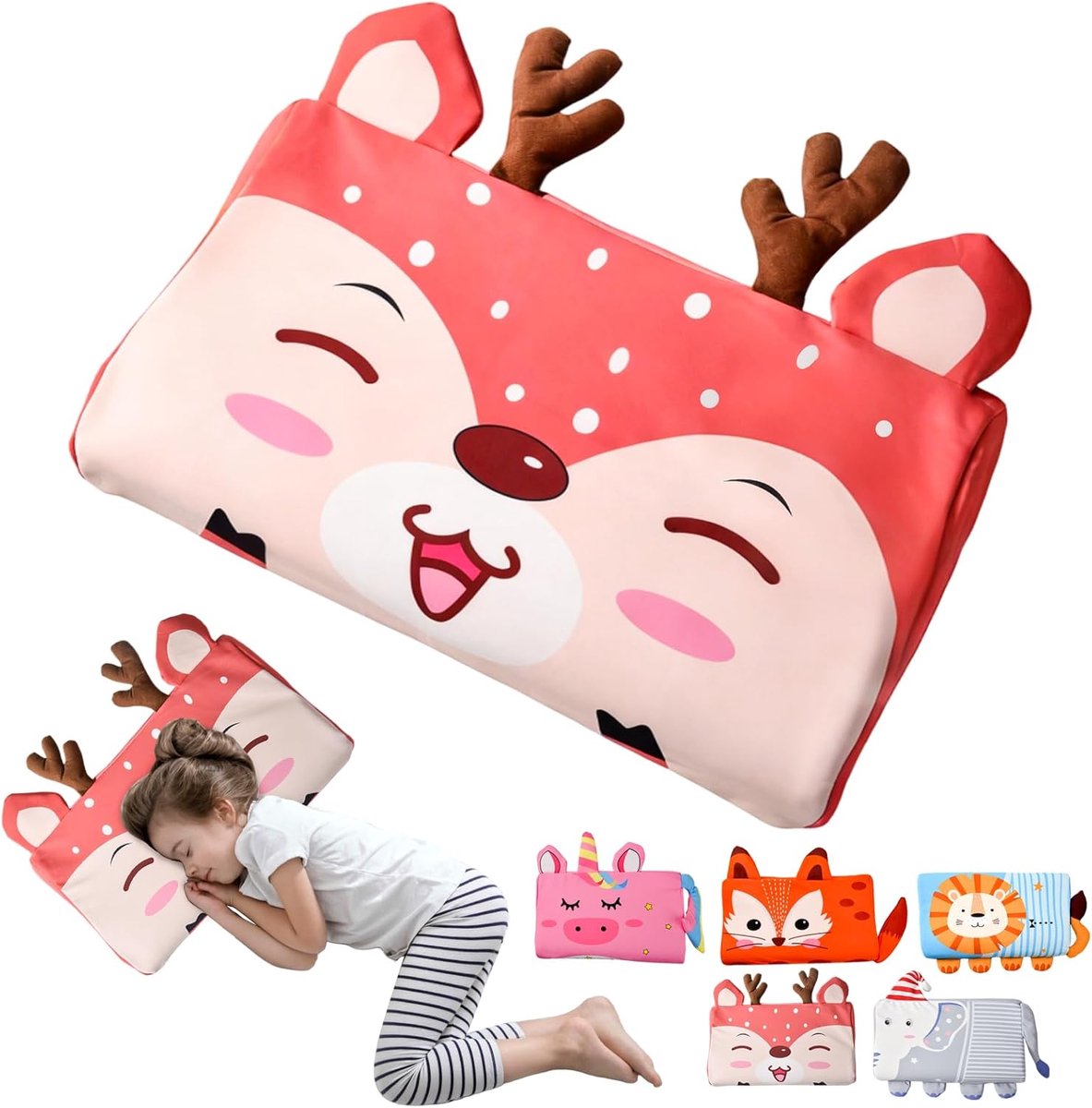 SnelShoppen - Kinderen Kussen 46 x 26 cm, Ergonomisch Kinderkussen van Huidvriendelijk Materiaal, Comfortabel Kussen voor Kinderen met Kerst Rendier D