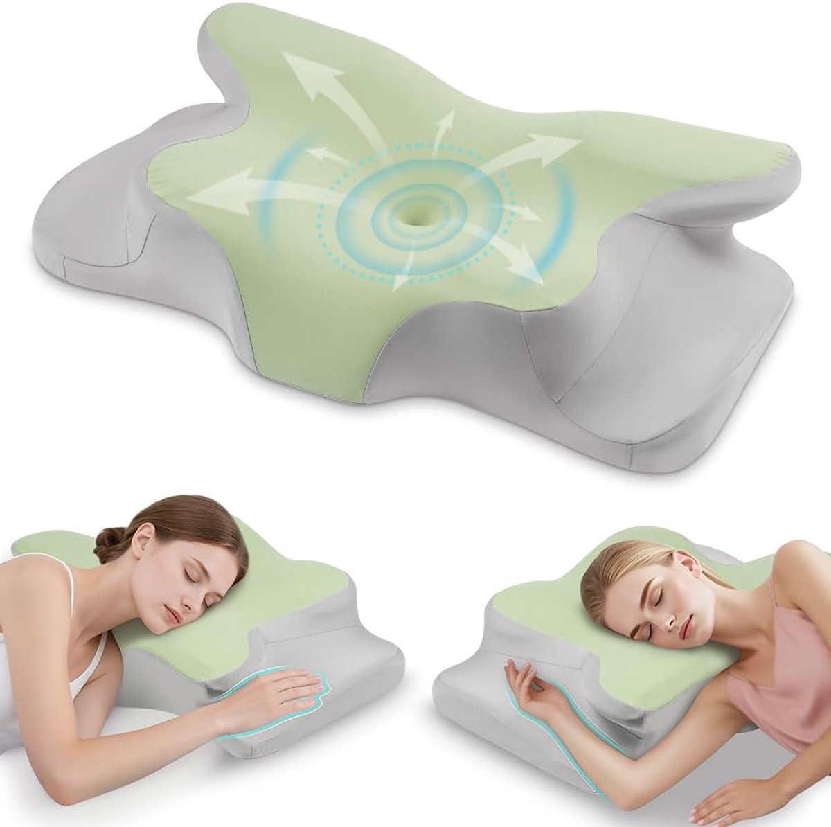 SnelShoppen - Ergonomisch Memory Foam Kussen, Butterfly Slaap Kussen, Zijslaper Kussen, Comfortabel Nek Kussen voor Rug, Zij en Buik Slapers - Mint Gr