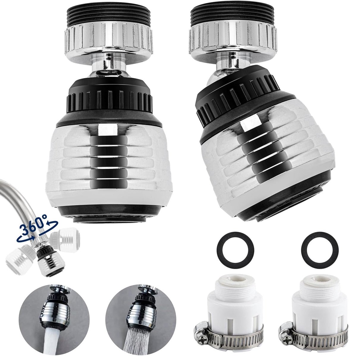 SnelShoppen - Set van 2 Keukenkranen met 360° Rotatie, 2 Spuitstanden, Waterbesparende Aerator met 2 Adapters voor Keuken en Badkamer