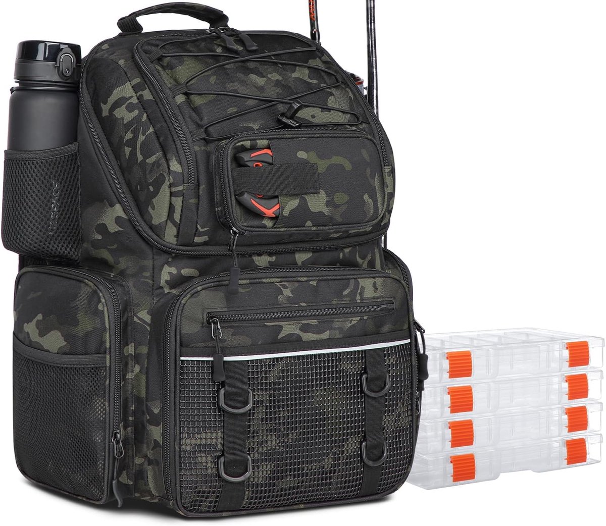 SnelShoppen - Fishing Backpack met 4 Dozen - Waterdichte 50L Visrugzak met Koelcompartiment - Verstelbare Compartimenten voor Hiken, Kamperen, Reizen