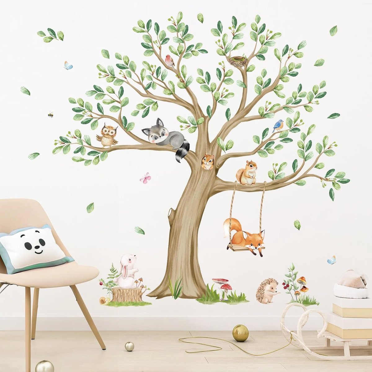 SnelShoppen - Muurstickers Kinderen, Wanddecoratie Grote Boom met Bosdieren, Vos en Uil, Kleurige Muurstickers Voor Kinderkamer, Babykamer, Creatieve