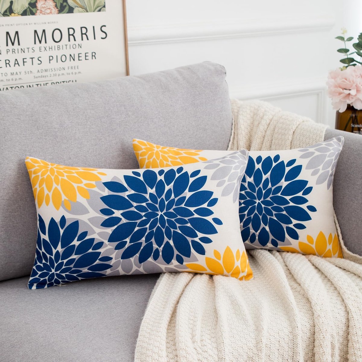 SnelShoppen - Sofa Kussenhoes 30x50 cm Geometrisch Bloemenpatroon, 2 Stuks, Geel en Marinegrijs, Linnen Decoratieve Kussens voor Woonkamer, Sofa, Mode