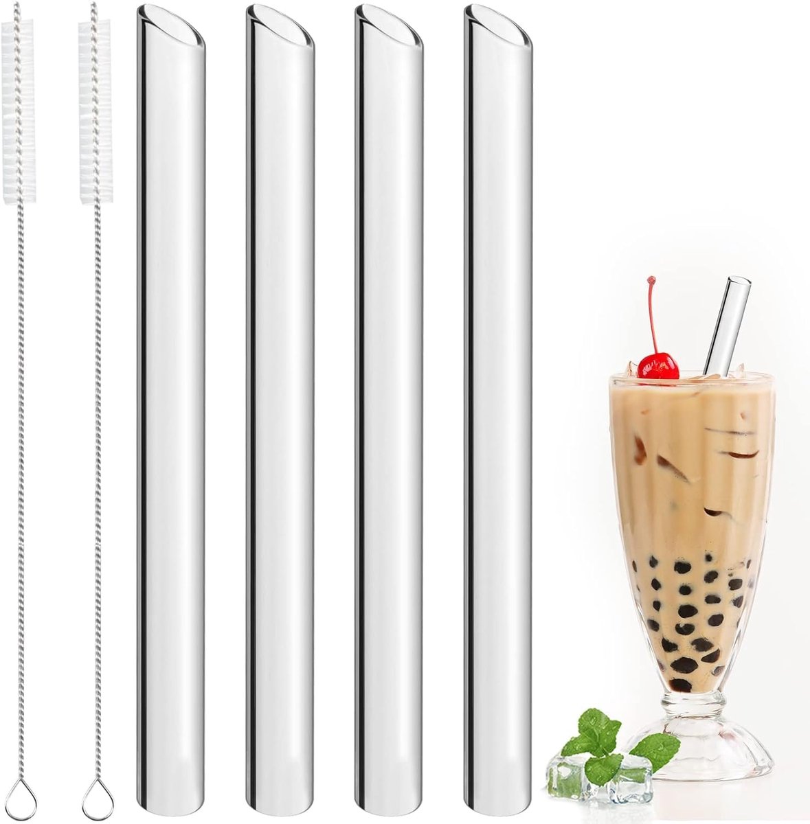 SnelShoppen - 4 Stuks Herbruikbare Glazen Rietjes 14mm×21.5cm - BPA-vrij Borosilicaatglas - Ideaal voor Bubble Tea, Smoothies, Cocktails, Slush en Sap