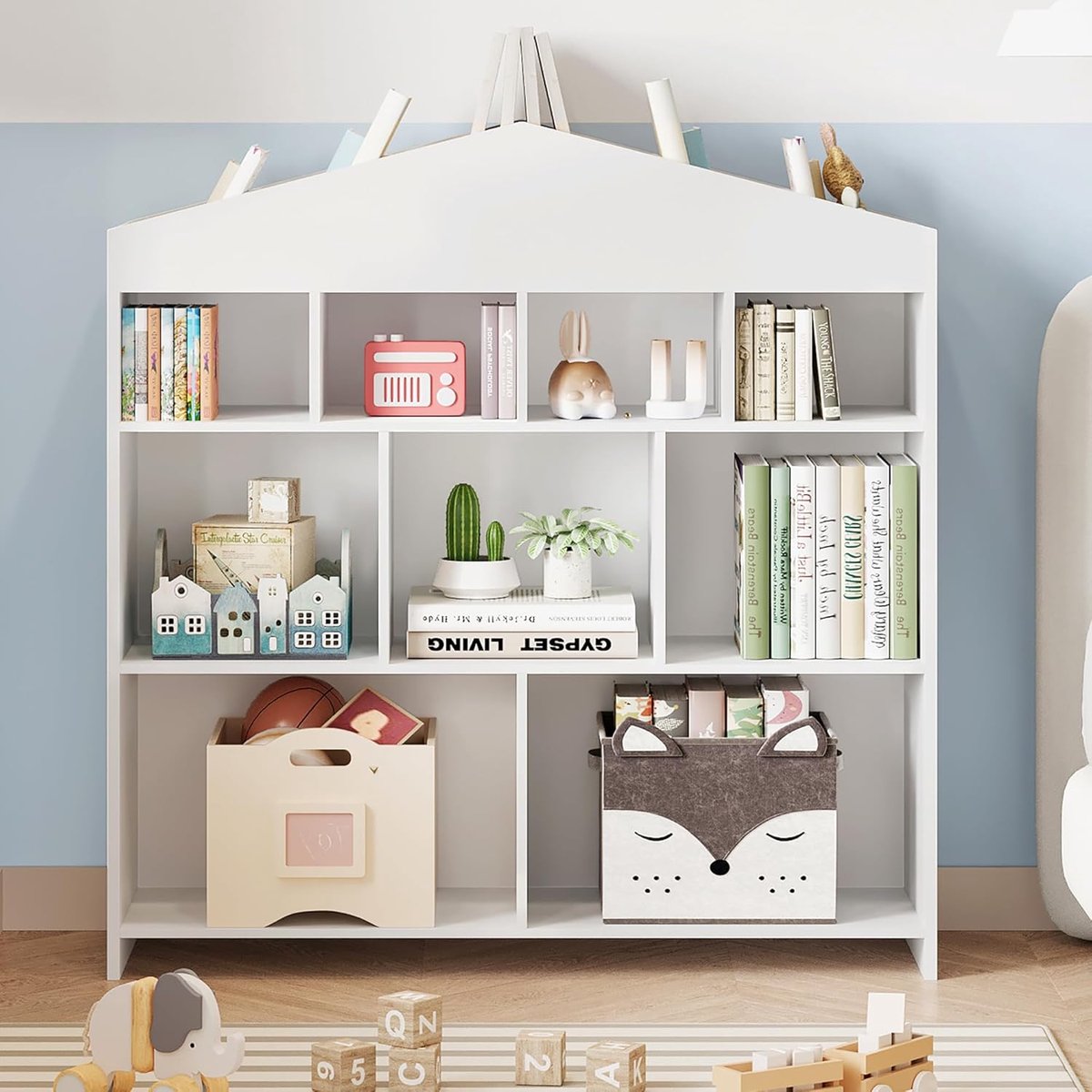 Kinderboekenkast en Speelgoedkast - Huisvorm Design - 9 Opbergvakken - 103 cm Breed - Montessori Opbergsysteem voor Kinderkamer en Speelkamer - Wit