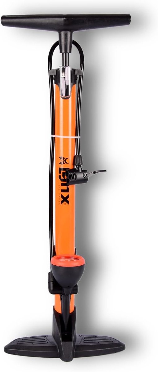SnelShoppen - Fietspomp met Drukmeter tot 12 Bar, Oranje Staal & Rubber, 62cm, Ideaal voor Fietsen, Luchtbedden en Ballen