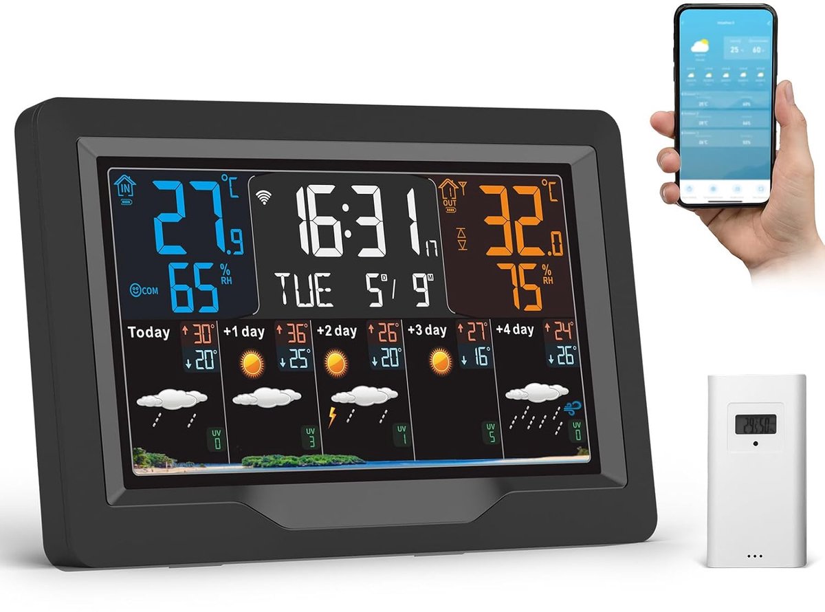 SnelShoppen - Draadloos WiFi Weerstation met Buitensensor, 7,5'' Kleurendisplay, Thermometer & Hygrometer Binnen/Buiten, 5-Daagse Weersvoorspelling, U