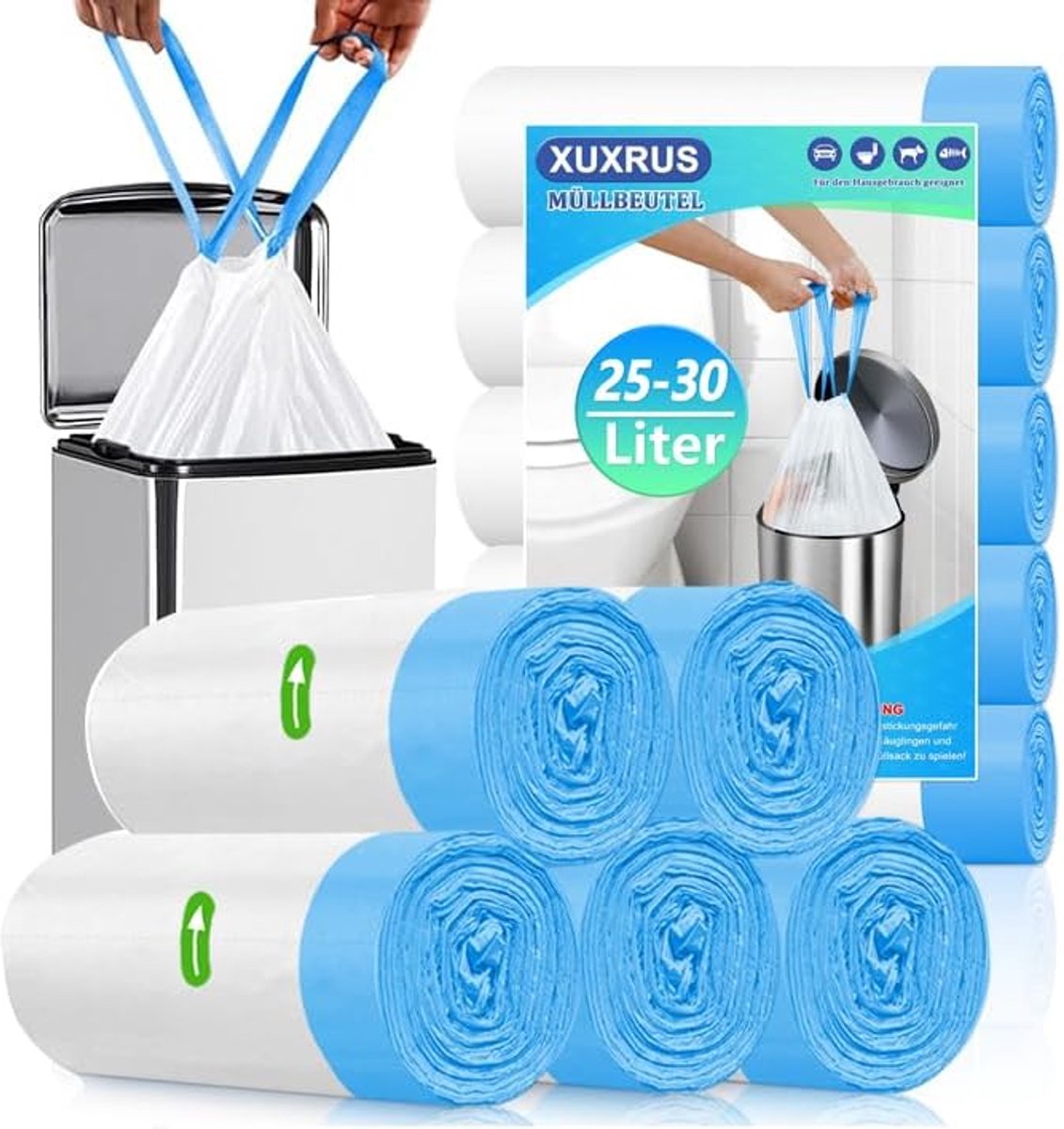 SnelShoppen - 25L Vuilniszakken met Trekkoord - 30L Sterke Witte Afvalzakken met Draaggreep - 50 Stuks voor Keuken, Tuin, Feest en Kamperen