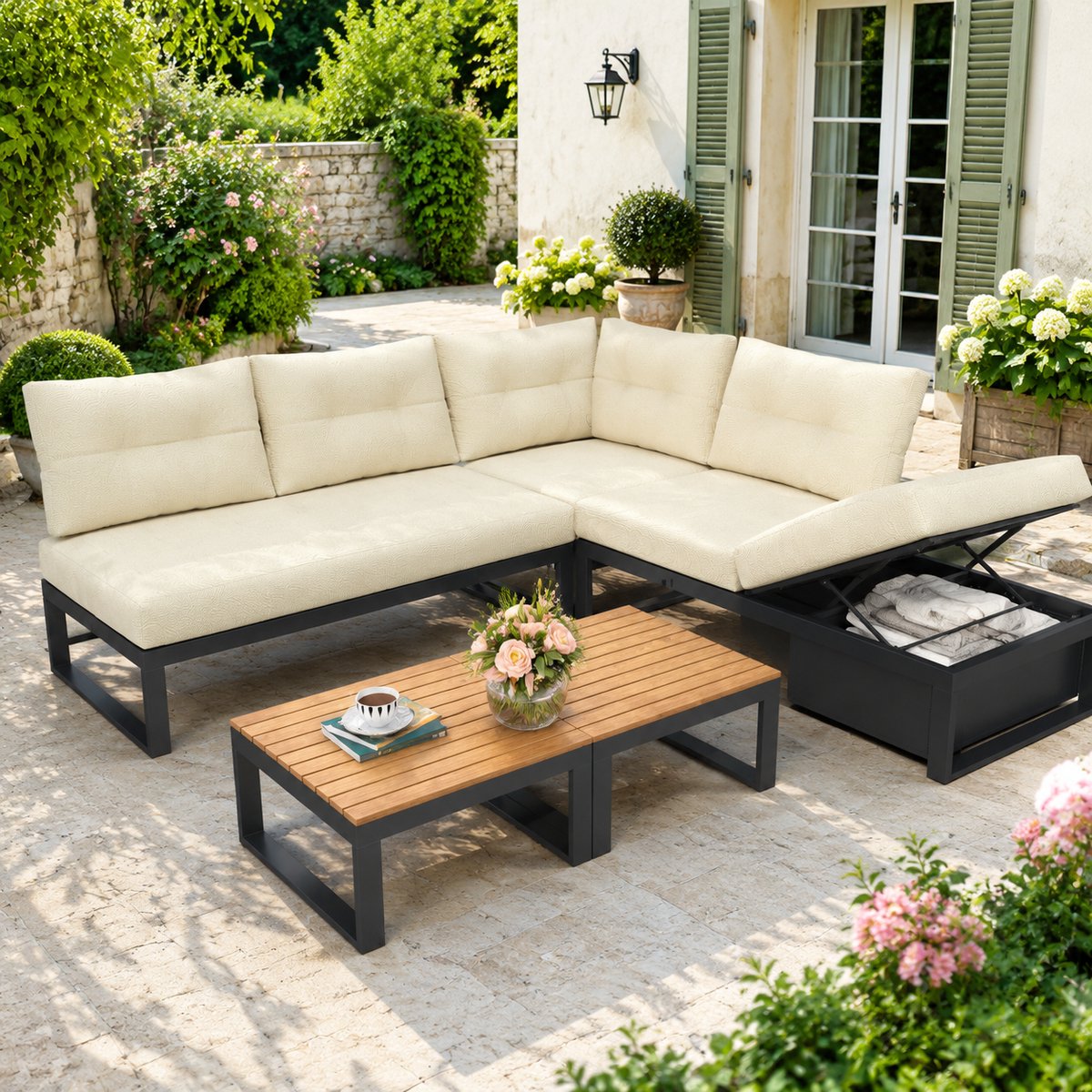 Lounge-Set - 190×190 cm - met verstelbare rugleuning - inclusief kussens - UV-bestendig - weerbestendig - kleur beige - metaal - hout