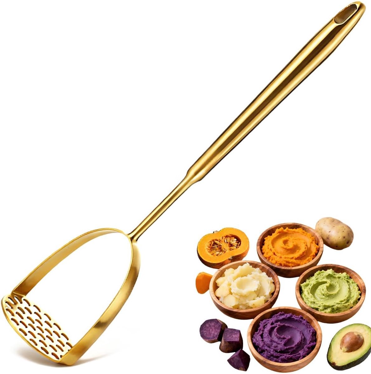 VHV - Aardappelstamper - RVS pureestamper - Keukenstamper 35 cm - Voor aardappelen, zoete aardappel, wortels en groenten - Goud