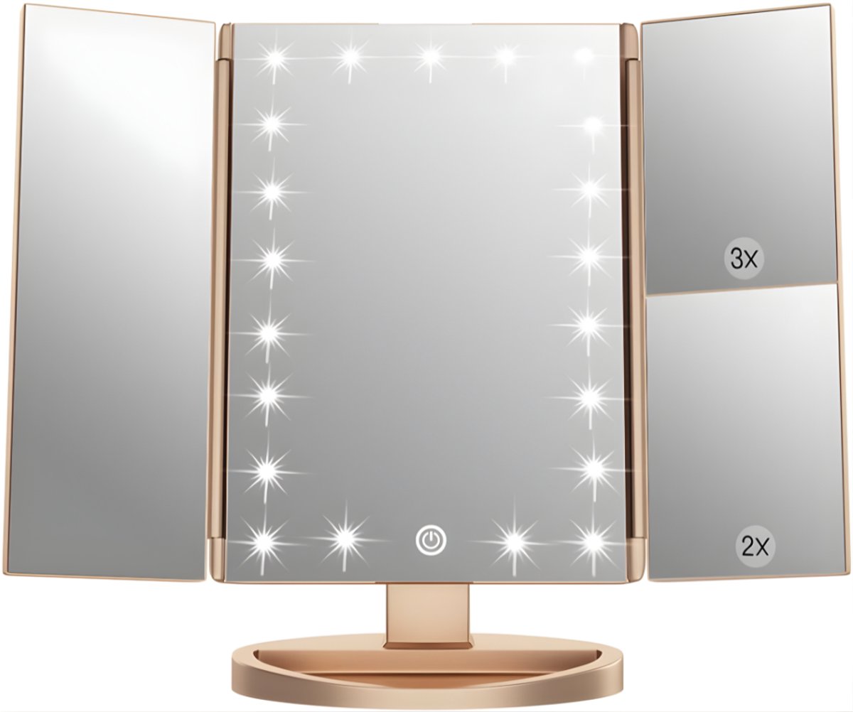 KIRA® Vanity Spiegel - 21 LED Lampen - Makeup Spiegel - Makeup Spiegel met Verlichting - Goud - 28cm x 18cm x 7cm