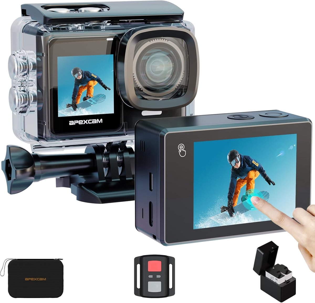 SnelShoppen - 4K Actiecamera met Dual Touch Screen, EIS, WiFi, Waterproof tot 40m, 20 MP, Inclusief Externe Microfoon en Twee 1350 mAh Batterijen