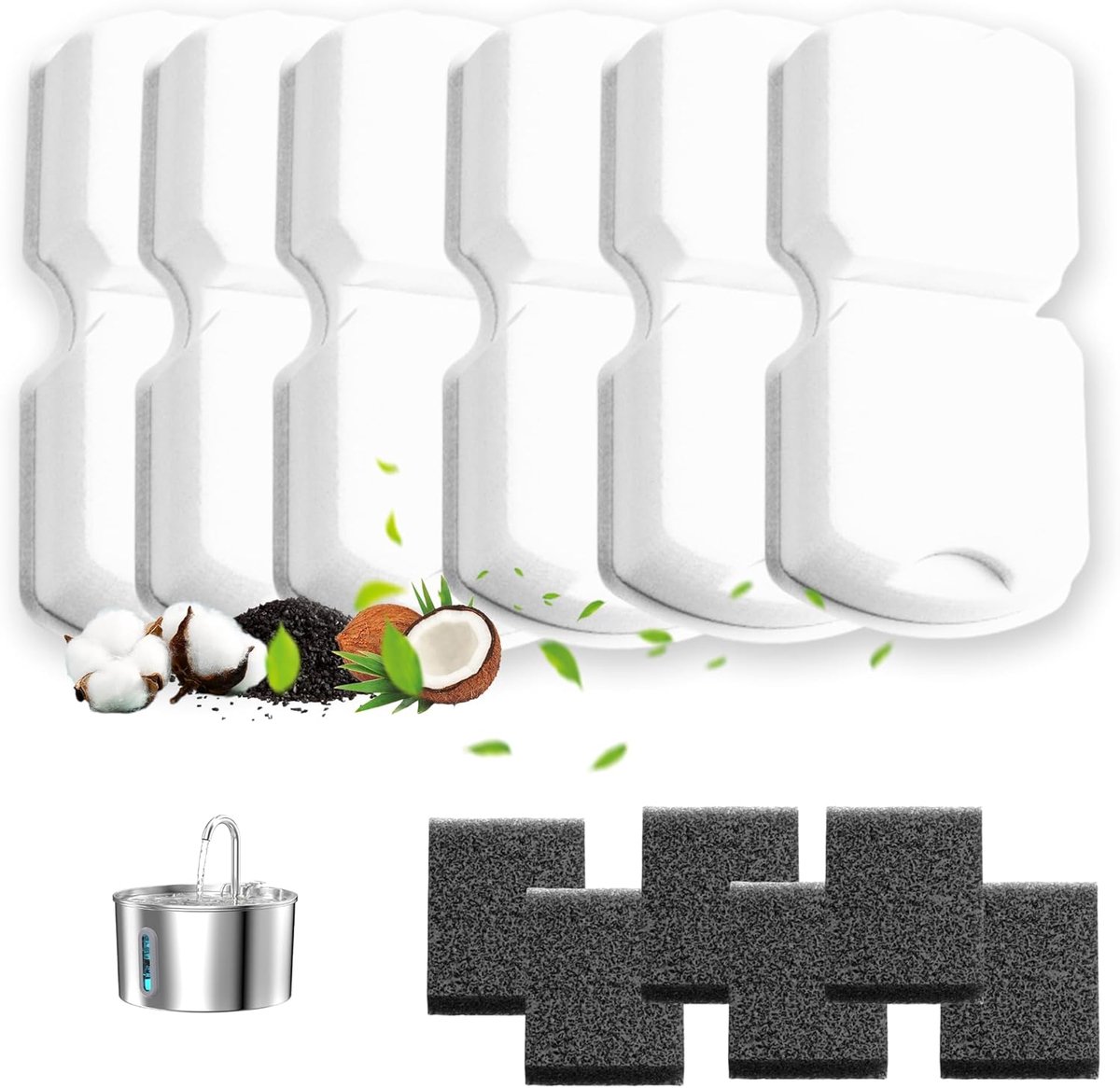 SnelShoppen - Kattenfontein Filter Set van 12, 6 Actieve Koolstoffilters + 6 Sponsfilters voor Schone en Vers Water, 2 Maanden Vervangfilters voor Kat