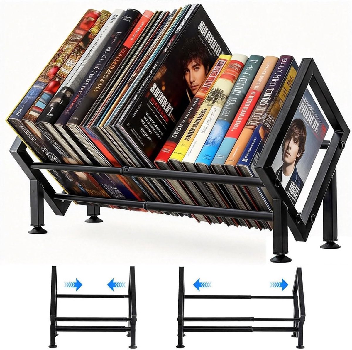 SnelShoppen - Metal Vinyl Storage Record Stand Extendable 80-100 LP Shelf, CD Stand, Verstelbaar voor Albums en Tijdschriften in Zwart