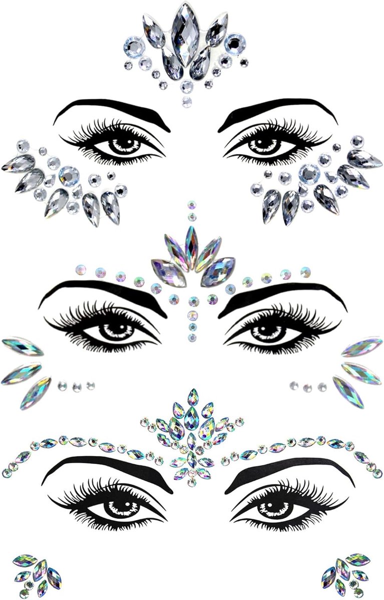 Gezichtsjuwelen Stickers - Glitter Edelstenen - Feestelijke Make-up - Zelfklevend Ontwerp - 3 Vellen - Multicolor
