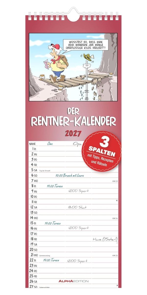 SnelShoppen - Rentner-Kalender 2027: Familienplaner 15x42 cm met 3 Spalten, 100-jähriger Kalender, Gezondheidstipps, Puzzels & Meer voor Senioren