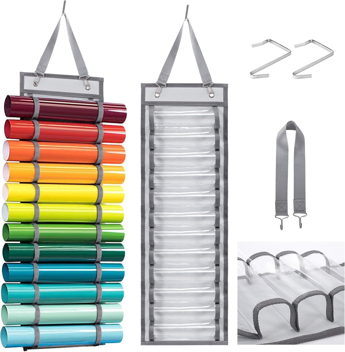 SnelShoppen - Vinyl Wall Organizer met 12 Compartimenten, Vinyl Roll Houder van Hoogwaardige Oxford Stof en PVC, Transparant, Grijs voor Creatieve Pro