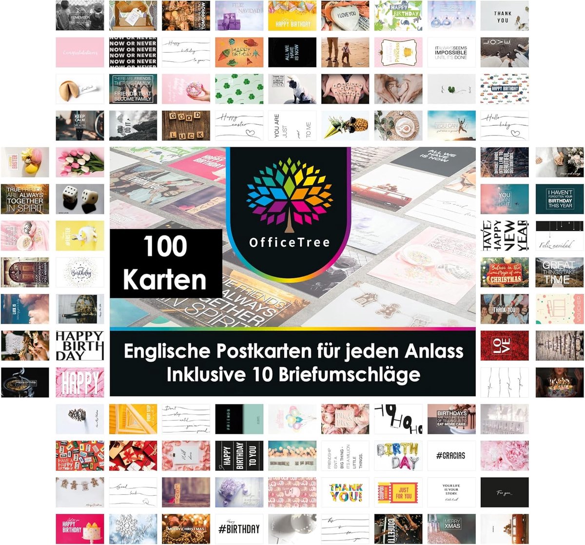 SnelShoppen - 100 A6 Wenskaarten Set met 10 Enveloppen - Engelse Postkaarten met Zegswijzen voor Verjaardag, Trouwerij en Kerst - Stevig 350 g/m² Card