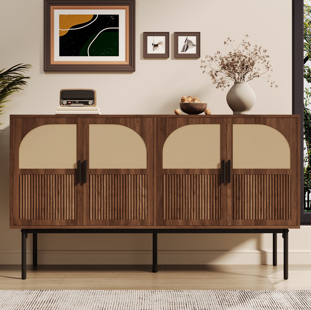 Wishdor - Dressoir - 4-deurs opbergkast met gesloten vakken - retro stijl - voor woonkamer of hal - houtlook, rotan en staal - naturel - 140 x 40 x 80 cm