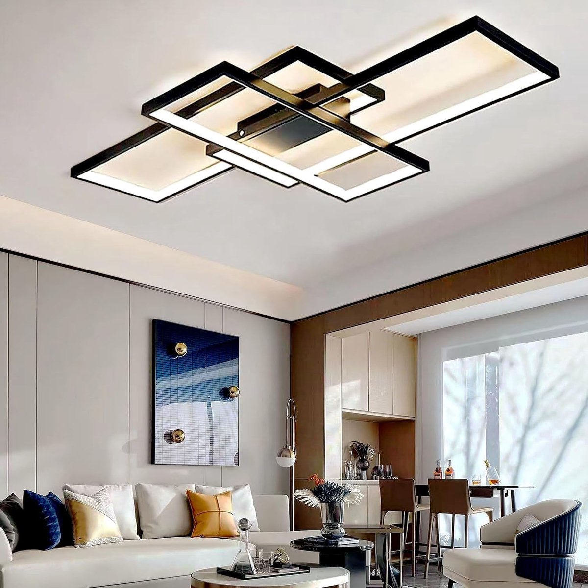 SnelShoppen - Moderne LED Plafondlamp 60W - Geometrische Vierkante Hanglamp - Dimbaar 3000k-6000k - Met Afstandsbediening - 80cm - Zwart voor Woonkame