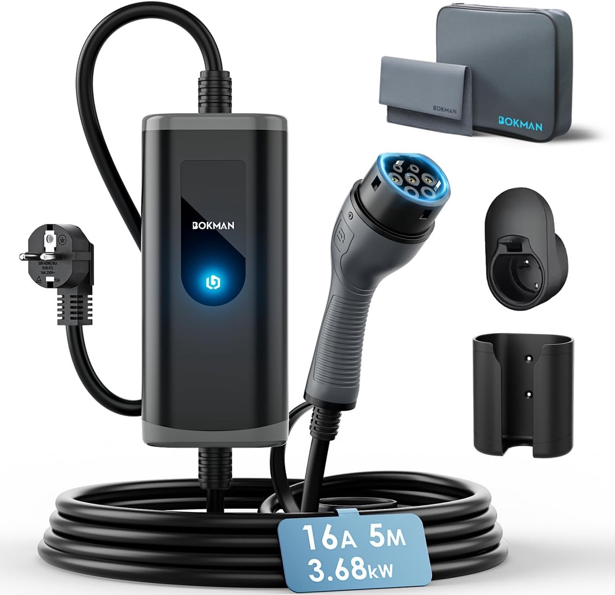 SnelShoppen - Type 2 Oplaadkabel Schuko 5m 16A voor Elektrische Auto's, Snelle Laadkabel 3.68kW, Compatibel met Tesla Model Y, EX30, XC60, Q4, MG4, 20