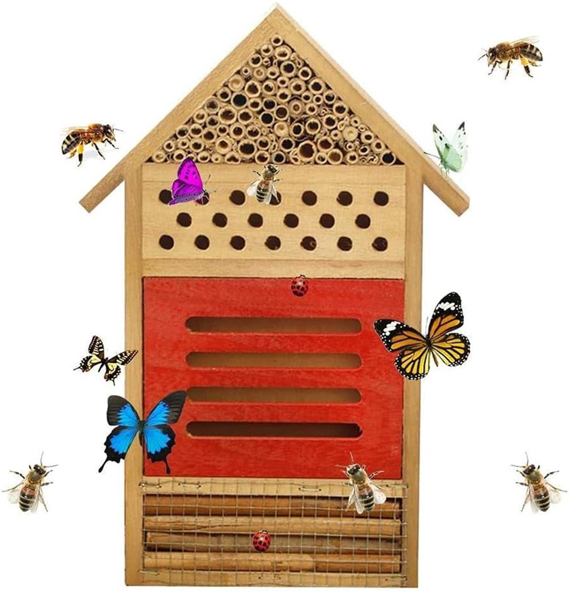 SnelShoppen - Insectenhotel, Natuurlijke Houten Bijenhotel, Vlinderhabitat voor Tuinen, Lieveheersbeestjes, Bladsnijders en Meer Nuttige Insecten