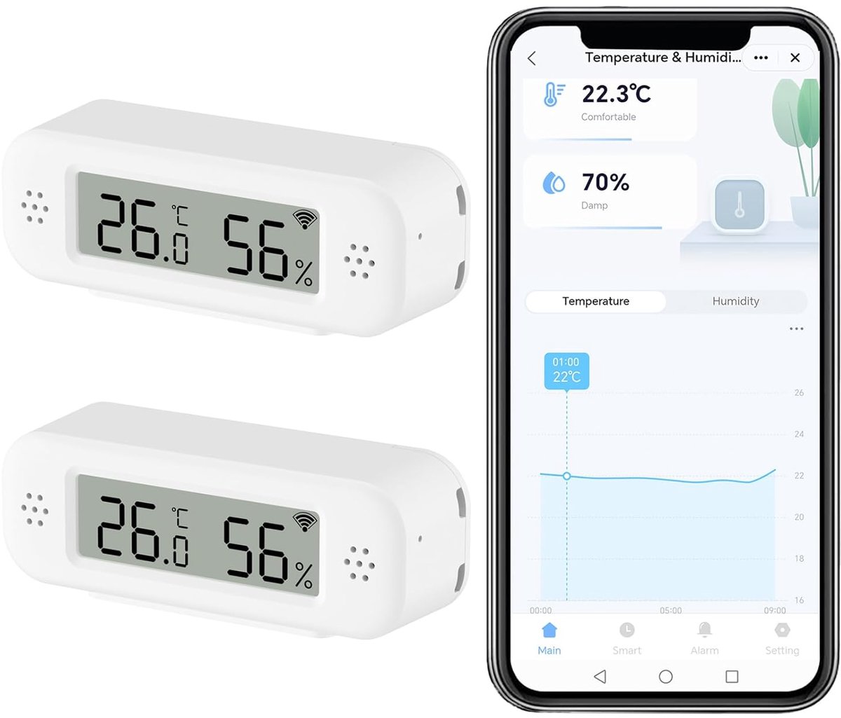 SnelShoppen - Slimme digitale thermometer-hygrometer met WiFi, app-waarschuwingen, mini-kamertemperatuurmeter, gegevensopslag, export, compatibel met