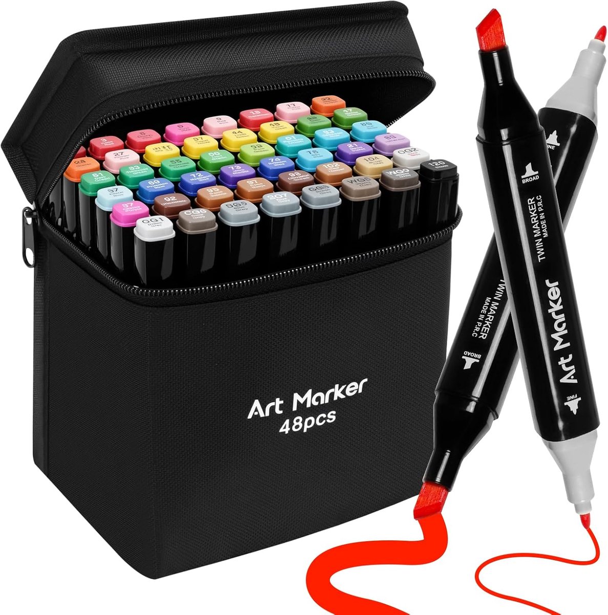 SnelShoppen - Set van 48 Alcohol Markers, Dubbelzijdige Kunst Markers voor Kleuren, Tekenen, Schetsen, Kaarten Maken, Illustratie, Ideaal voor Volwass