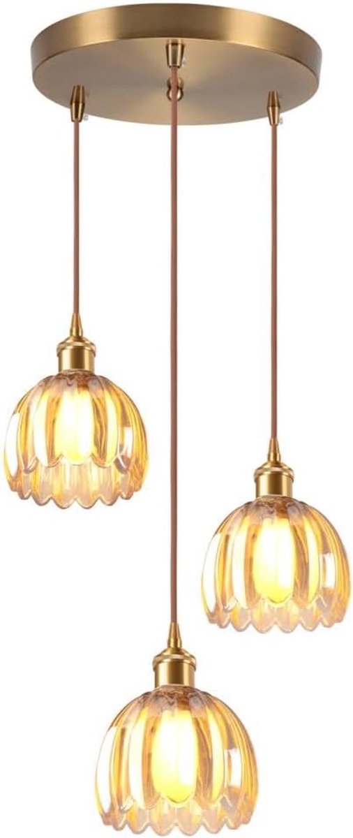 SnelShoppen - Glass Pendant Light 3 Lights - Moderne Amber Flower Hanglamp - Vintage Brass Gouden Kroonluchter voor Keuken, Woonkamer, Slaapkamer